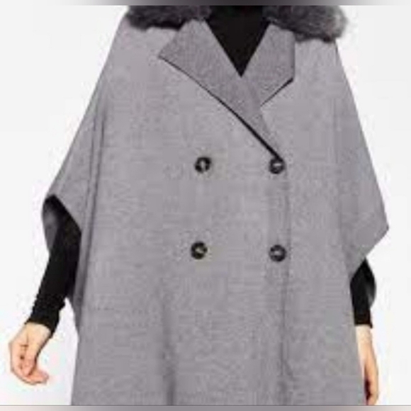 ZARA Coat Jacket Fur Collar Knit Cape Poncho Faux Coat Jacket - Picture 4 of 8
